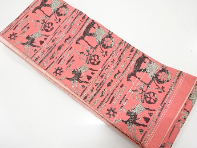 JAPANESE KIMONO / ANTIQUE WOVEN CARRIAGE PATTERN HANHABA OBI (MAY BE W